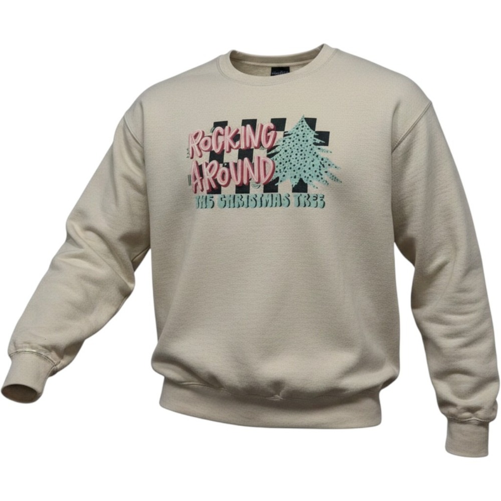 Gildan Rocking Around The Christmas Tree Graphic Sweatshirt Tan Beige Womens M
